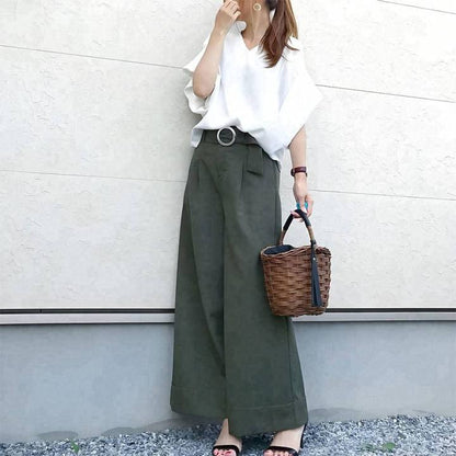 Two-piece set of wide-leg trousers with a belt