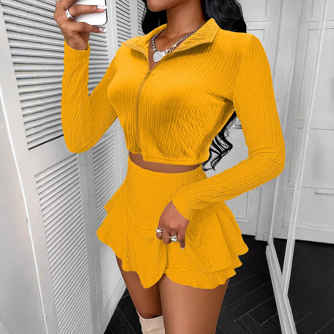 Solid Color Zipper Top and Ruffled Skirt Suit by Glamytek