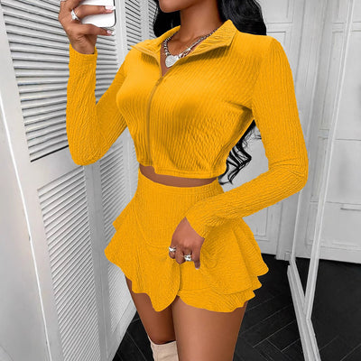 Solid Color Zipper Top and Ruffled Skirt Suit by Glamytek