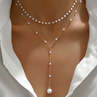 Imitation Pearl Tassel Double-Layer Necklace