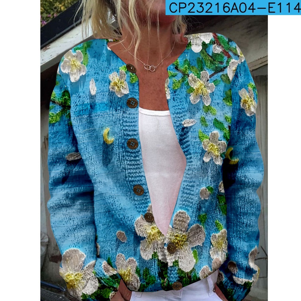 New Women's Autumn And Winter Style Loose 3D Printed Knitted Cardigan Sweater by Glamytek