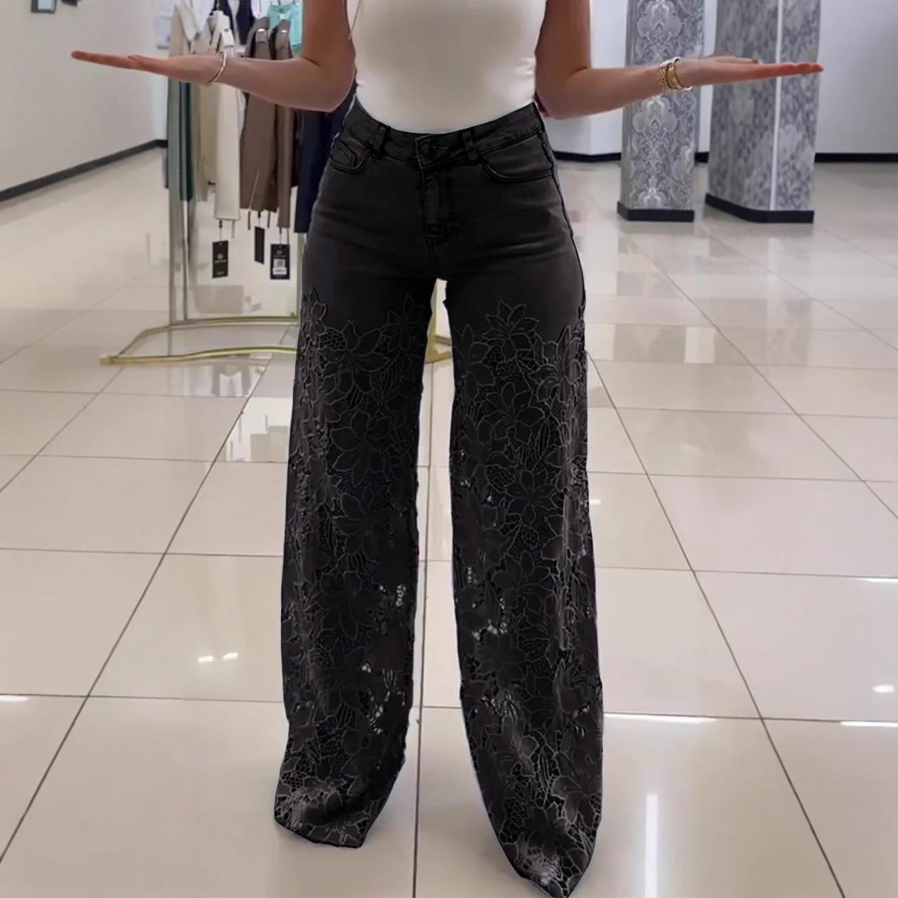 Y2K Lace Flowers Hollow Jeans Fashion High Waist Straight Wide Leg Pants Solid Color Trousers Women's Clothing by Glamytek