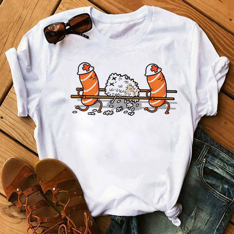 Summer Women Cute Sushi Hug Short Sleeve T-shirts by Glamytek
