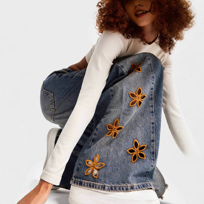 Women's Casual And Relaxed Embroidered High Waist Loose Jeans by Glamytek