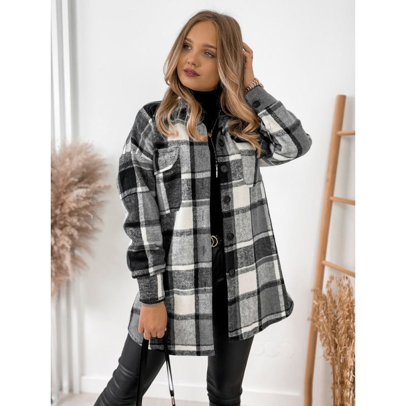 Long Sleeve Single-breasted Plaid Printed Blouse Collar Woolen Coat by Glamytek