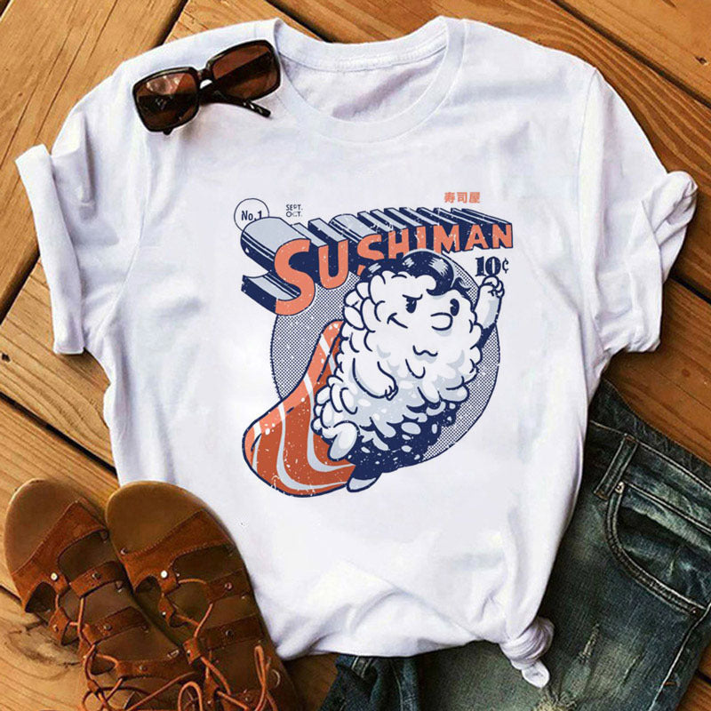 Summer Women Cute Sushi Hug Short Sleeve T-shirts by Glamytek