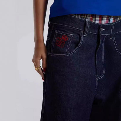 Printed offset direct-woven women's straight-leg denim pants