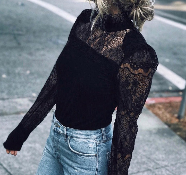 Fashion Casual Women's Ladies Blouses Long Sleeves Sheer Tops Floral Lace Blouse Shirt Top Blouse Black Clothing Turtleneck by Glamytek