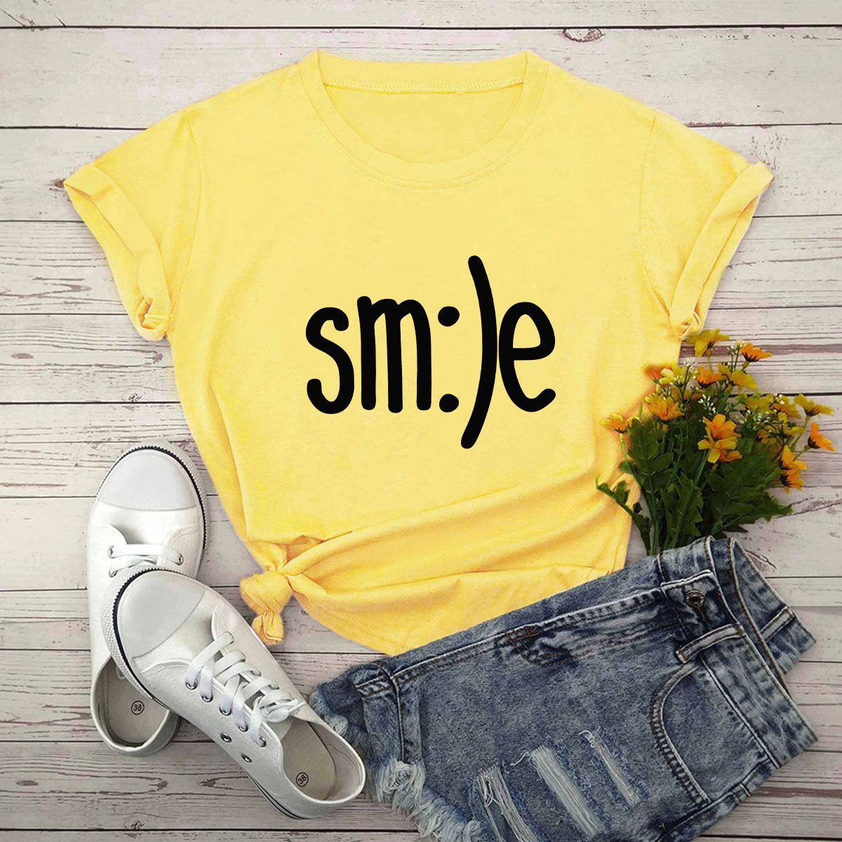 S-5XL Plus Size TShirt Women New Smile Letter Printed Shirt O Neck Short Sleeve Tees Summer Top 100%cotton Women's T-shirts by Glamytek