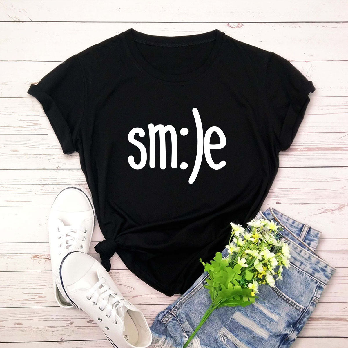 S-5XL Plus Size TShirt Women New Smile Letter Printed Shirt O Neck Short Sleeve Tees Summer Top 100%cotton Women's T-shirts by Glamytek