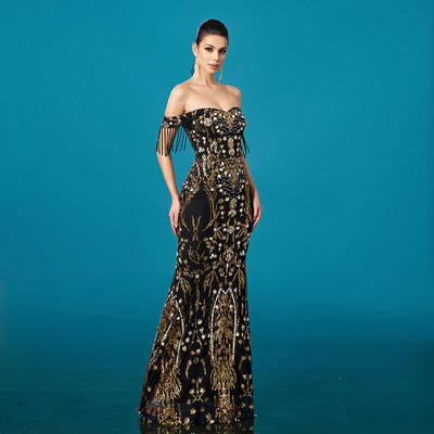 Off-neck Tassel Sequined Fishtail Evening Dress For Banquet by Glamytek