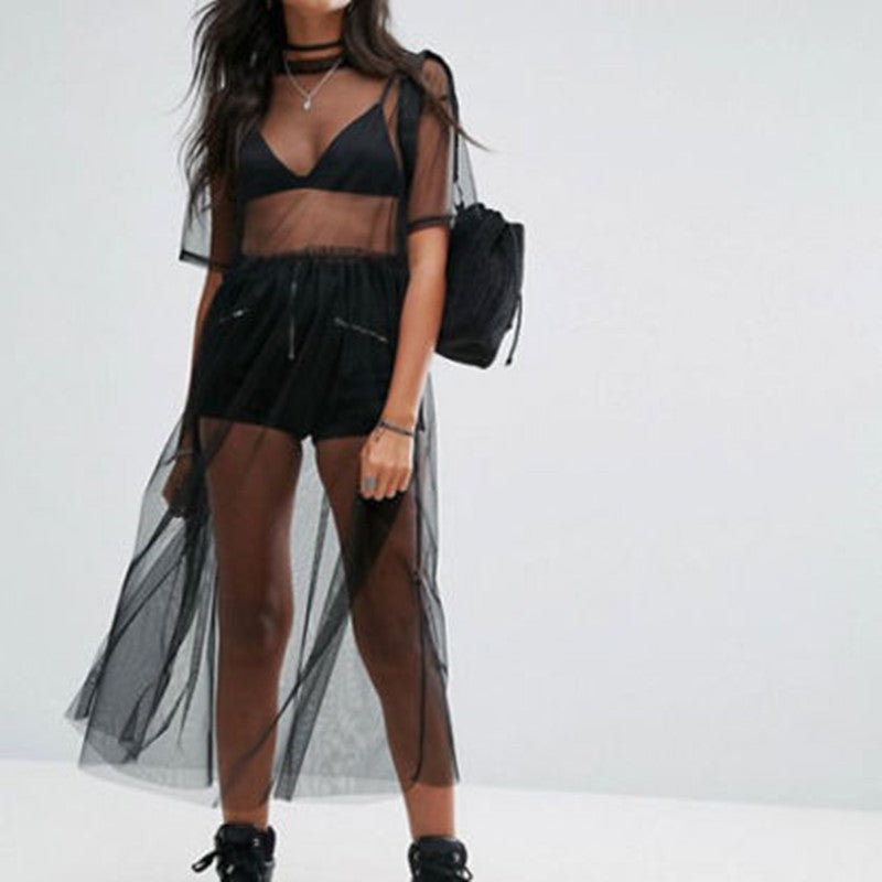 New Fashion Women Black Mesh Cover Up Sheer Short Sleeve Blouses Women Summer Long Casual Clothing Shirts by Glamytek