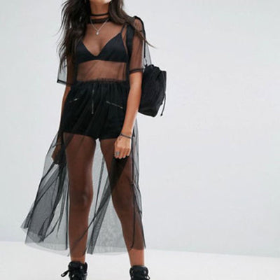 New Fashion Women Black Mesh Cover Up Sheer Short Sleeve Blouses Women Summer Long Casual Clothing Shirts by Glamytek