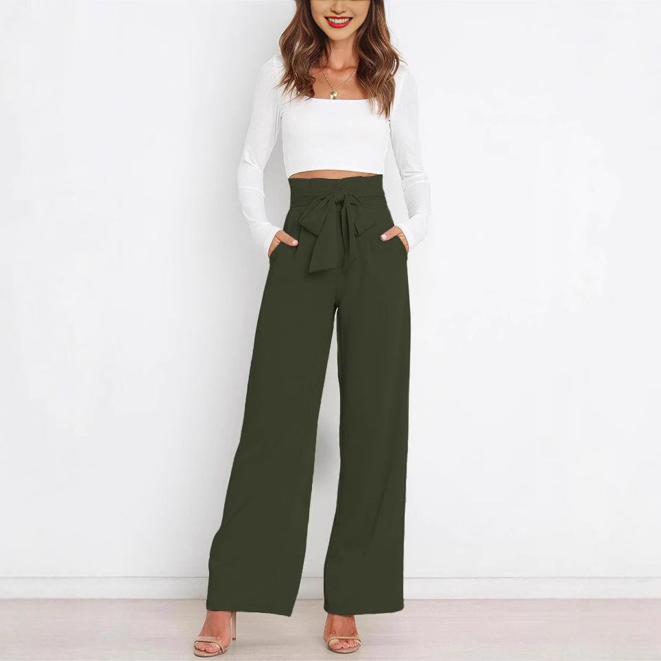 Wide-leg high-waisted lace-up dress pants woman