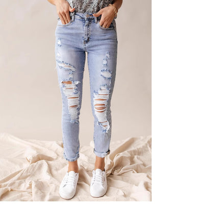 European And American Spring And Summer Leisure Fashion Holes High Waist Jeans For Women by Glamytek