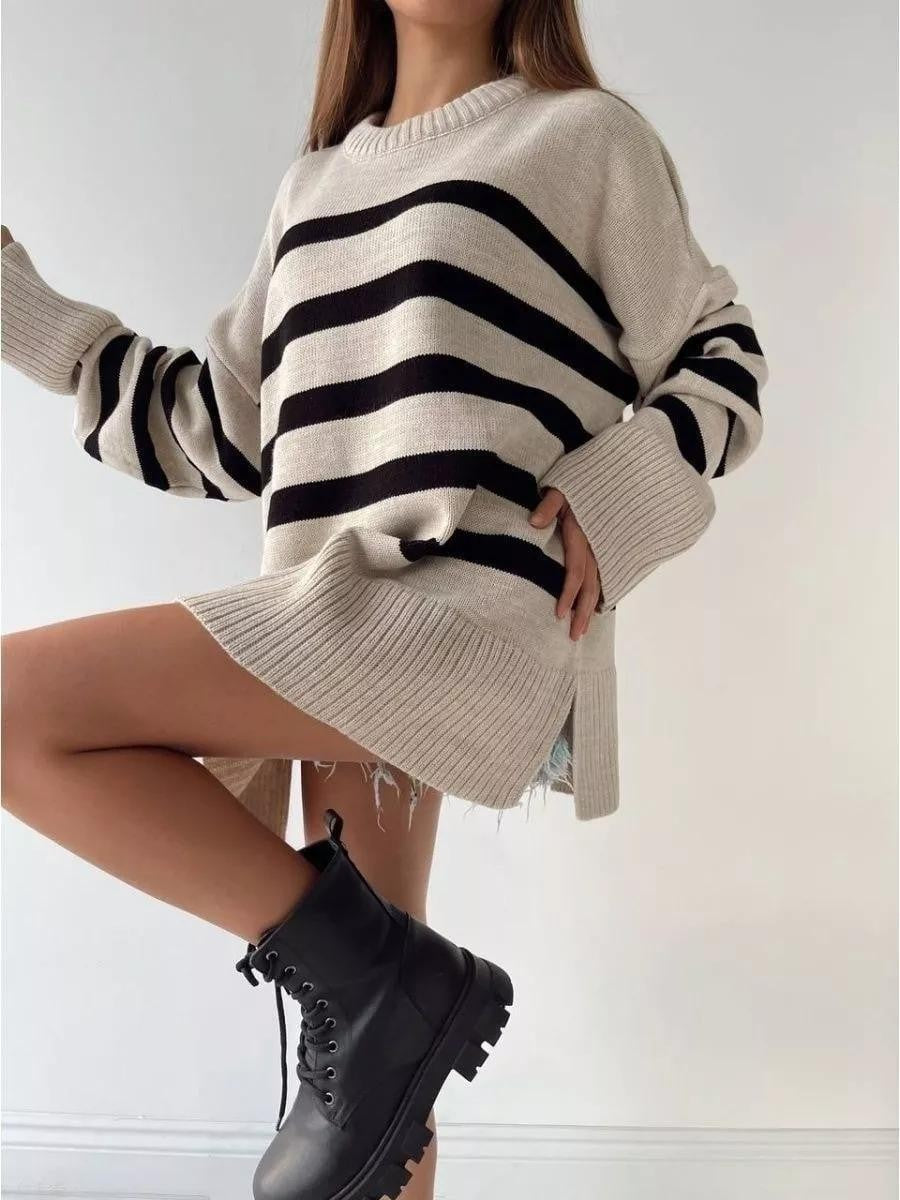 Casual Striped Loose Crew Neck Pullover Sweater Coat by Glamytek
