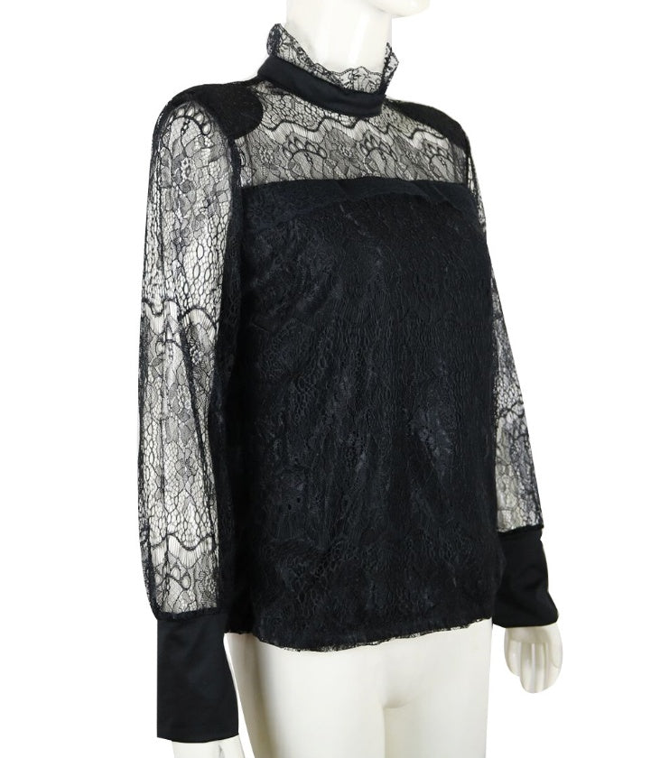 Fashion Casual Women's Ladies Blouses Long Sleeves Sheer Tops Floral Lace Blouse Shirt Top Blouse Black Clothing Turtleneck by Glamytek