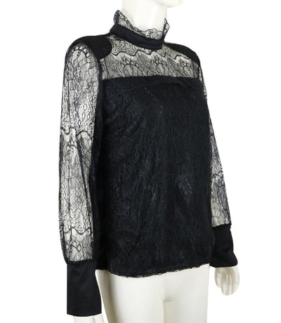 Fashion Casual Women's Ladies Blouses Long Sleeves Sheer Tops Floral Lace Blouse Shirt Top Blouse Black Clothing Turtleneck by Glamytek