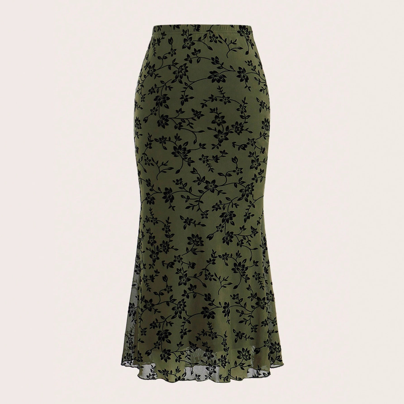 Dark Green Floral Half-length Fishtail Skirt For Women by Glamytek