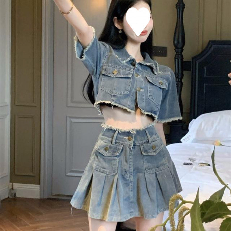 Washed Raw Edge Shirt Denim Suit by Glamytek