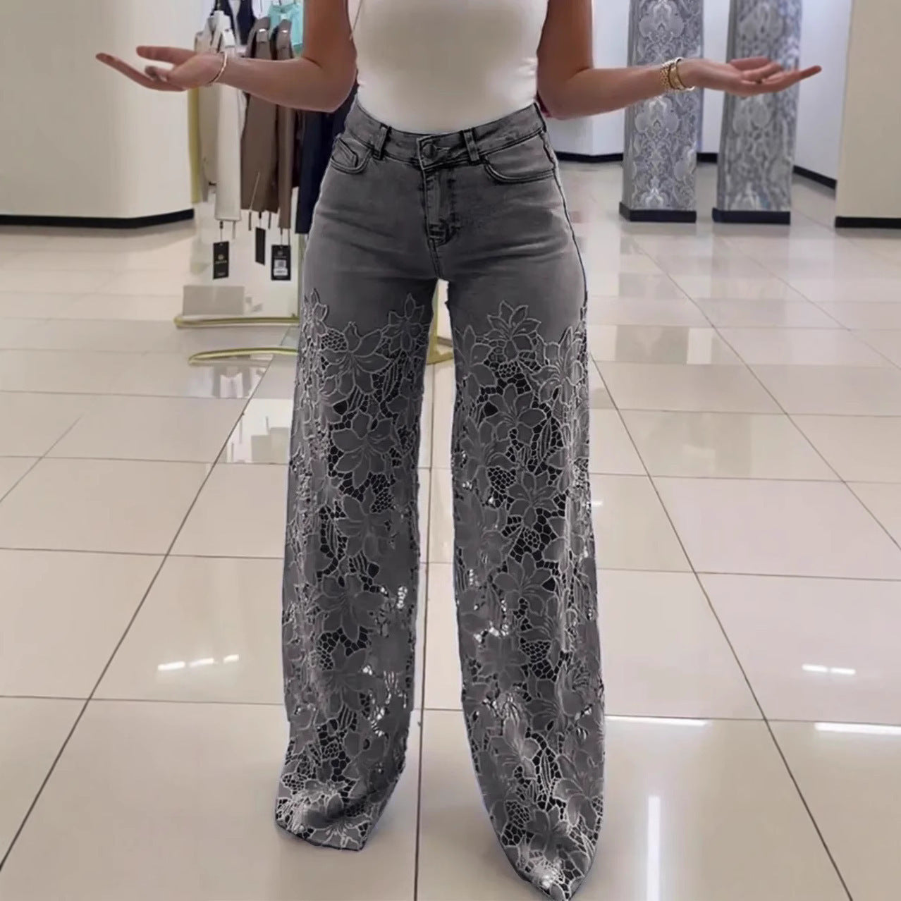 Y2K Lace Flowers Hollow Jeans Fashion High Waist Straight Wide Leg Pants Solid Color Trousers Women's Clothing by Glamytek