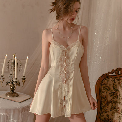 Women's Ice Silk Sling Backless Lace Pajama Set by Glamytek
