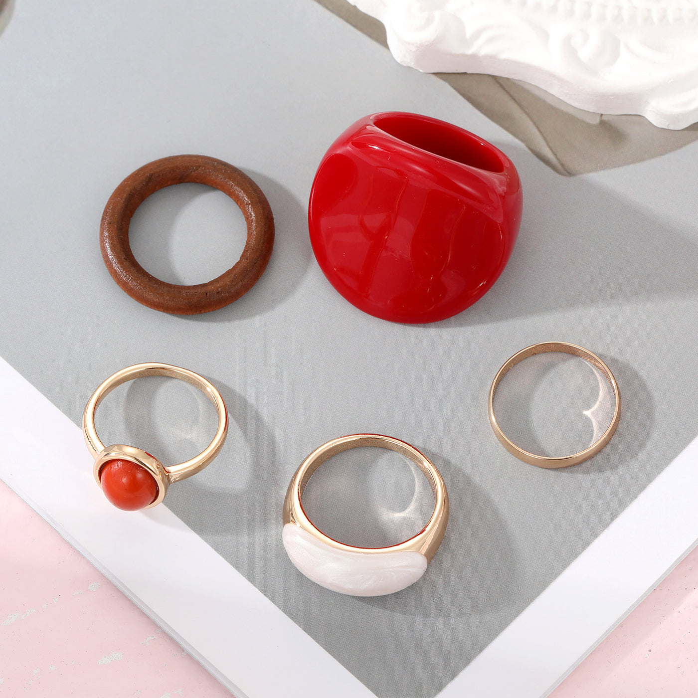 New Trendy Rings Set For Women Exaggerated Red Resin Enamel Wooden Geometric Finger Ring Punk Fashion Jewelry by Glamytek