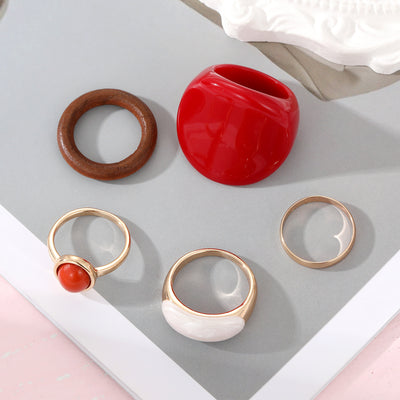 New Trendy Rings Set For Women Exaggerated Red Resin Enamel Wooden Geometric Finger Ring Punk Fashion Jewelry by Glamytek