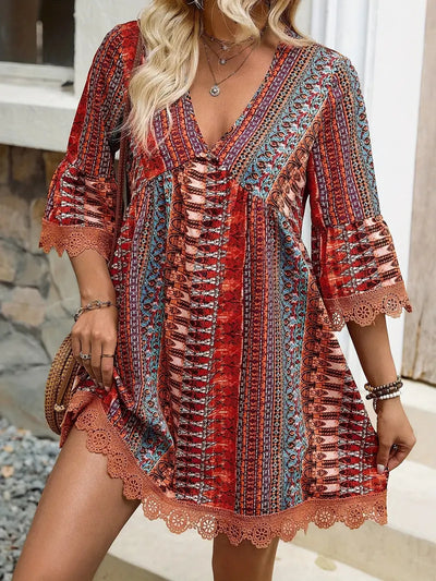 Bohemian Style V-neck Printed Dress Fashion Casual Loose Beach Dresses For Women by Glamytek