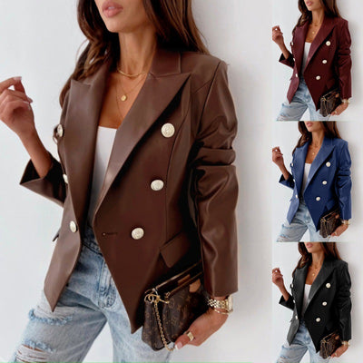 PU Leather Double Breasted Long Sleeve Street Style Suit