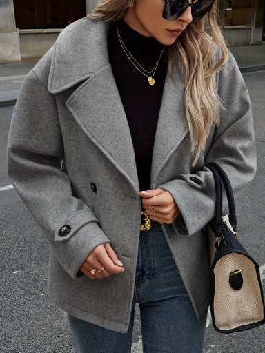 Womens Woolen Coat Dark Gray Loose Fit Short Overcoat