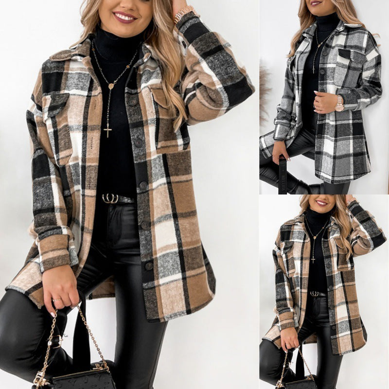 Long Sleeve Single-breasted Plaid Printed Blouse Collar Woolen Coat by Glamytek