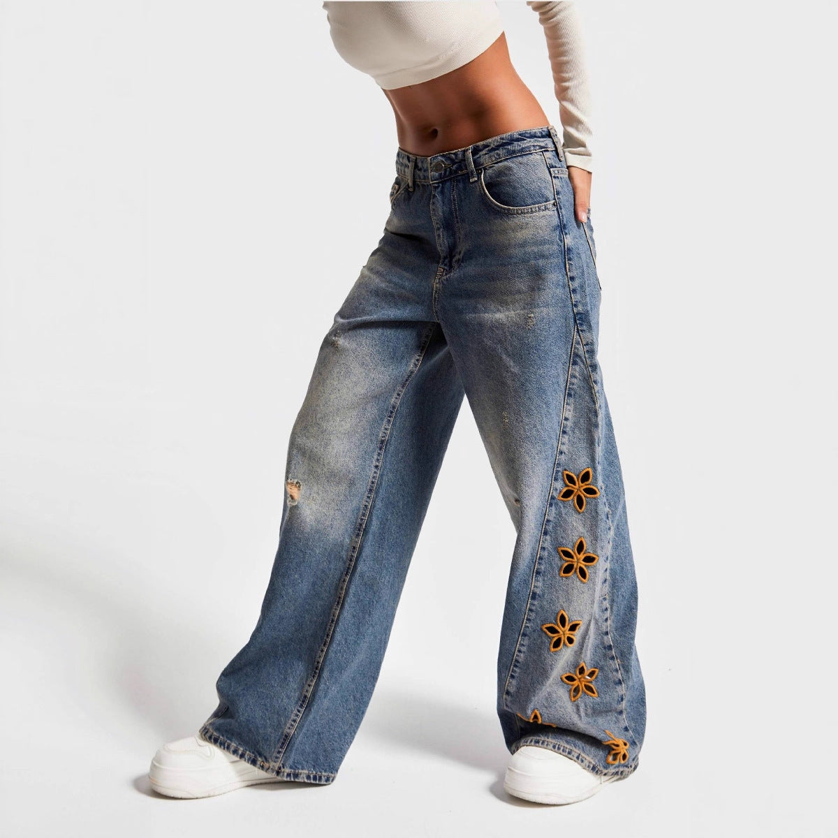Women's Casual And Relaxed Embroidered High Waist Loose Jeans by Glamytek