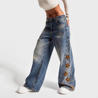 Women's Casual And Relaxed Embroidered High Waist Loose Jeans by Glamytek