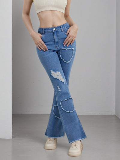 2025 New Women'S High-Stretch Flare Jeans With Heart Embroidery Patchwork - Trendy Distressed Denim Bell Bottoms, Comfortable & Versatile Light Blue Casual Pants,Fashion And Leisure by Glamytek