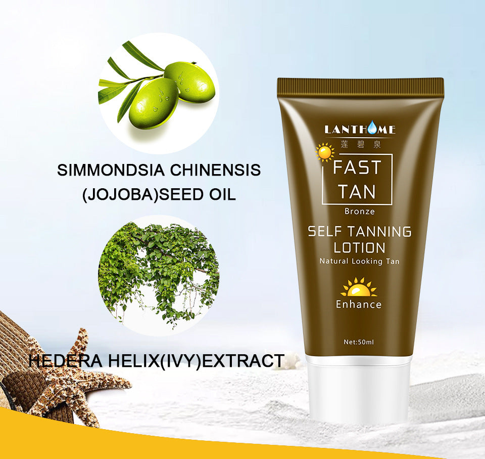 50ml Fast Tan Bronze Self Tanning Lotion tube on a beach backdrop, for a natural sun-kissed bronzing.