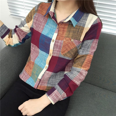 asual Plaid Women Blouses Kimono Vintage Linen Cotton Long Sleeve Blouse Female Shirts Tops by Glamytek