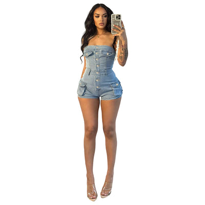 Elastic Denim Sleeveless Jumpsuit with Pockets