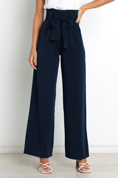 Wide-leg high-waisted lace-up dress pants woman