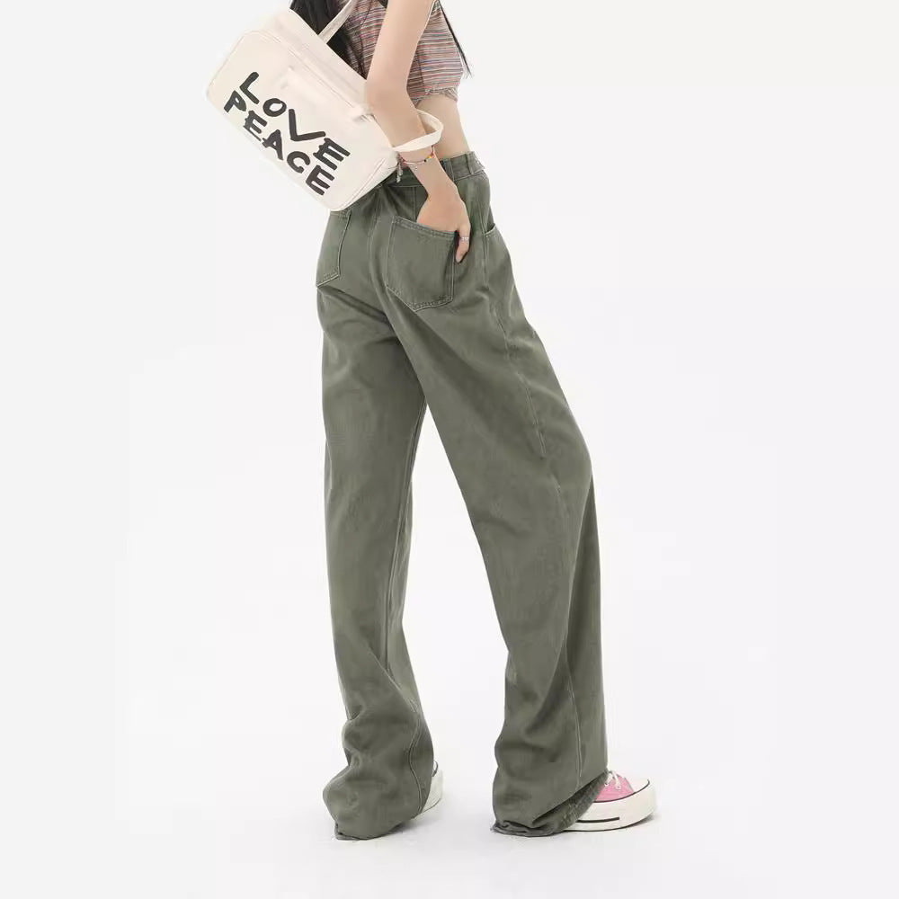 Green High Waist Wide Leg Jeans For Women Loose Drooping by Glamytek
