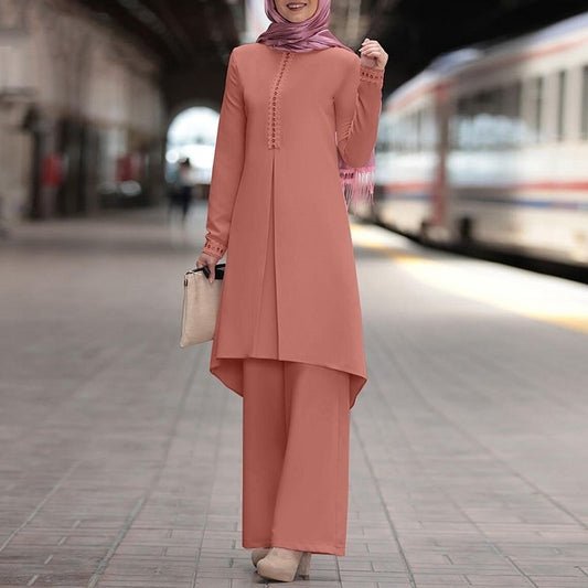 Lace long-sleeved top with wide-leg pants set