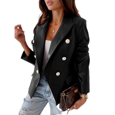 PU Leather Double Breasted Long Sleeve Street Style Suit