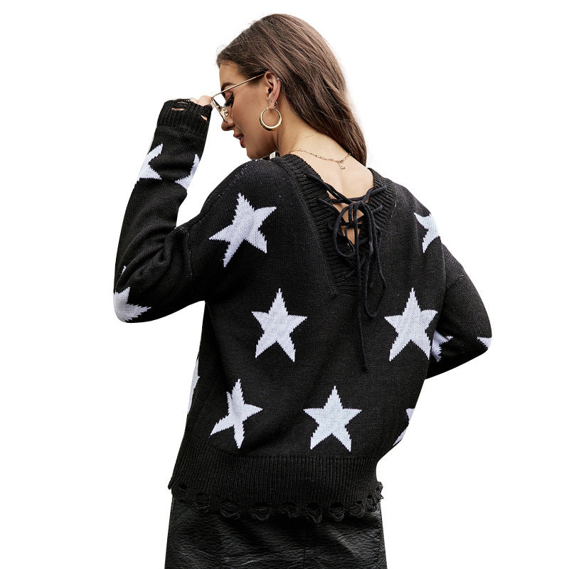 Women's Loose Drawstring Casual Five-star Brocade Sweater by Glamytek