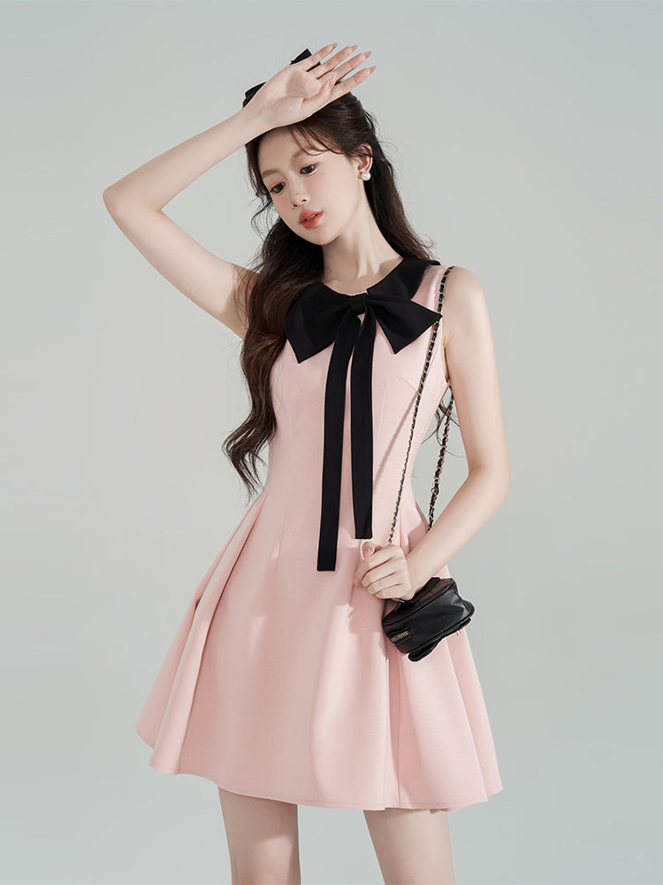 Tweed Style Pink Bows Halter Neck Dress