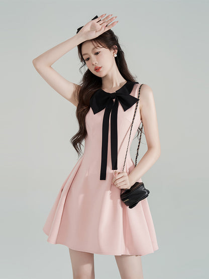 Tweed Style Pink Bows Halter Neck Dress