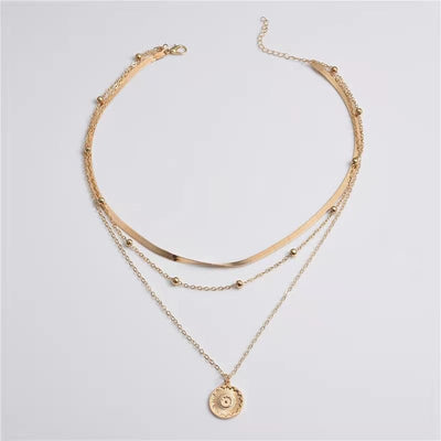 Layered Lotus Pendant Necklace with Geometric Blade Chain