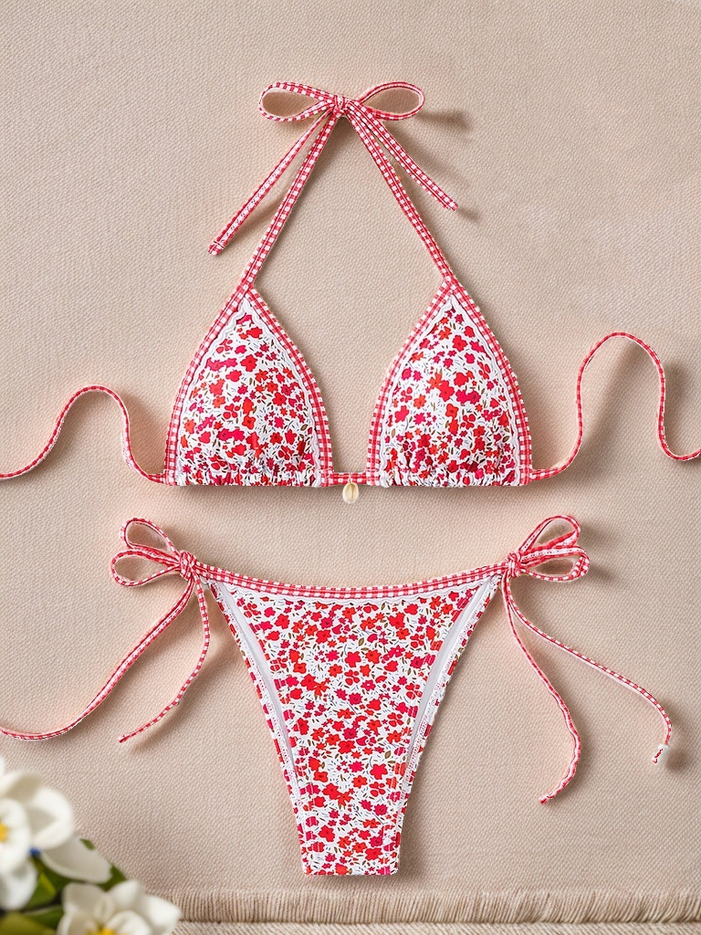 Contrasting-color printed lace-up sexy two-piece swimsuit