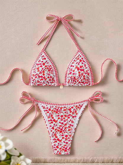 Contrasting-color printed lace-up sexy two-piece swimsuit