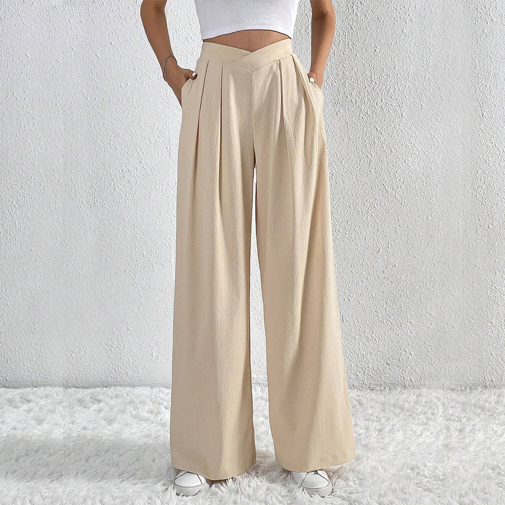 Summer New Solid Color Pleated Casual Wide-leg Pants Loose Casual Women's Commuting Versatile Style Comfortable TrousersS by Glamytek