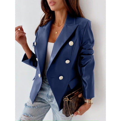 PU Leather Double Breasted Long Sleeve Street Style Suit